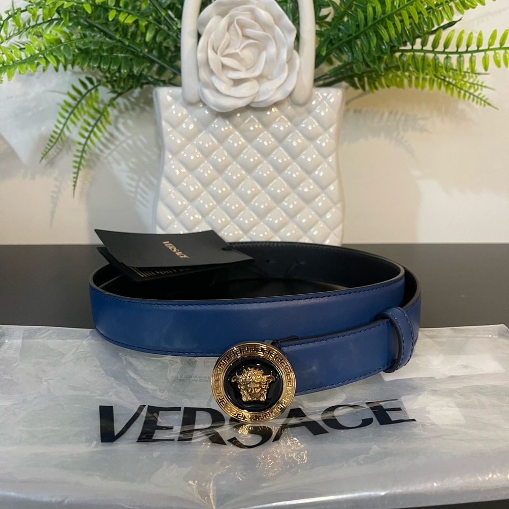 SOLD NWT Versace Cobalt Blue Leather Belt with Gold Medusa